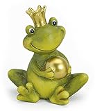 TEMPELWELT Dekofigur Gartenfigur Frosch Froschkönig 15 cm, Keramik Grün Mit Goldkugel, Deko Figur Märchenfrosch Garten Deko Stein Optik